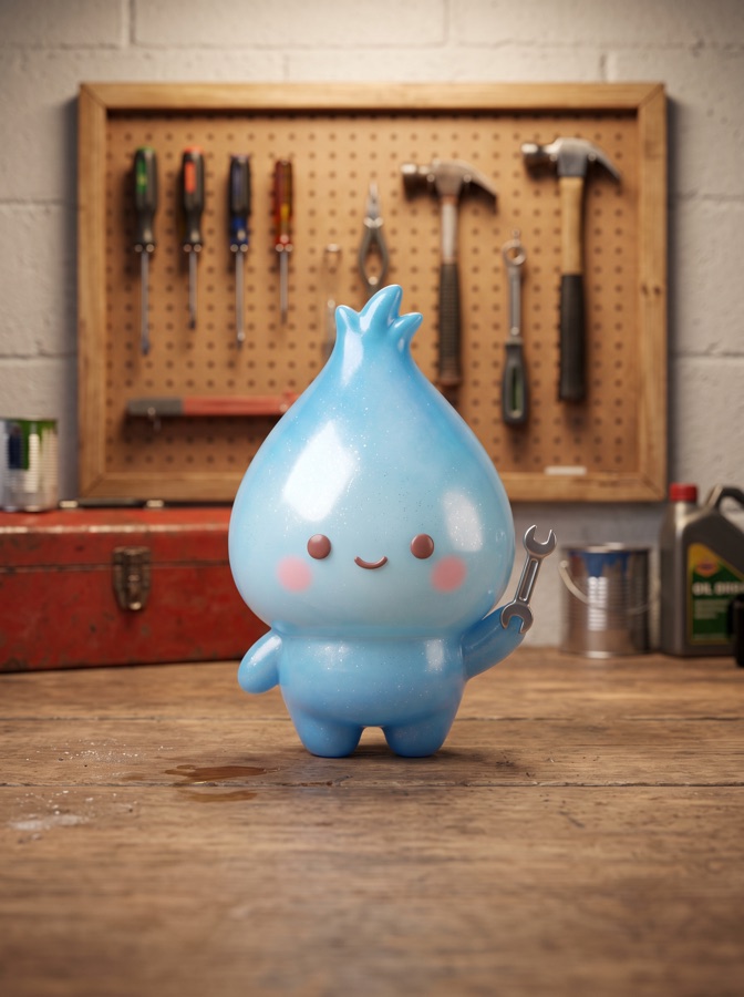 Sky blue Dew Crew character with a tiny silver wrench charm.