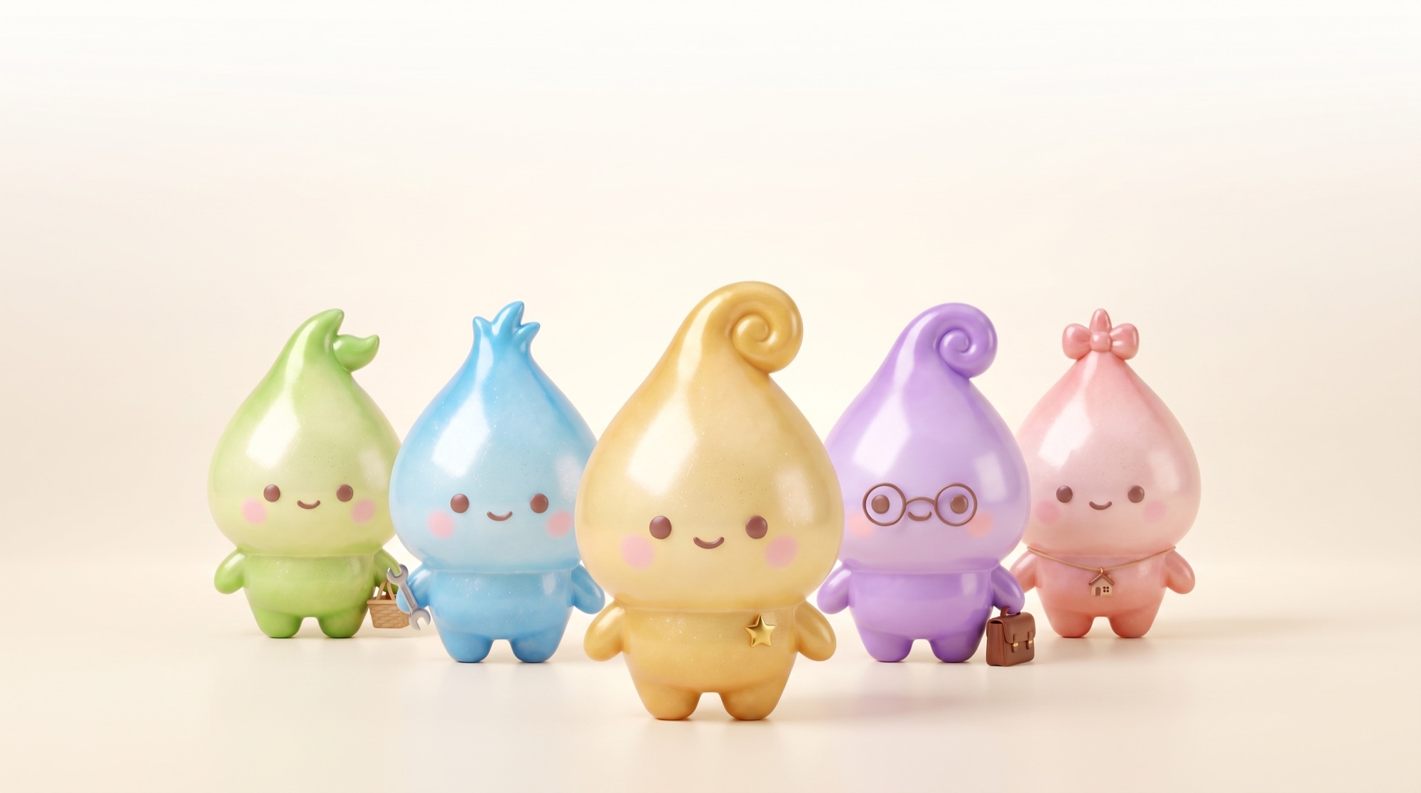 The five Dew Crew characters — gold, green, blue, purple, and pink dew-drop mascots — standing together, each with its own signature accessory.