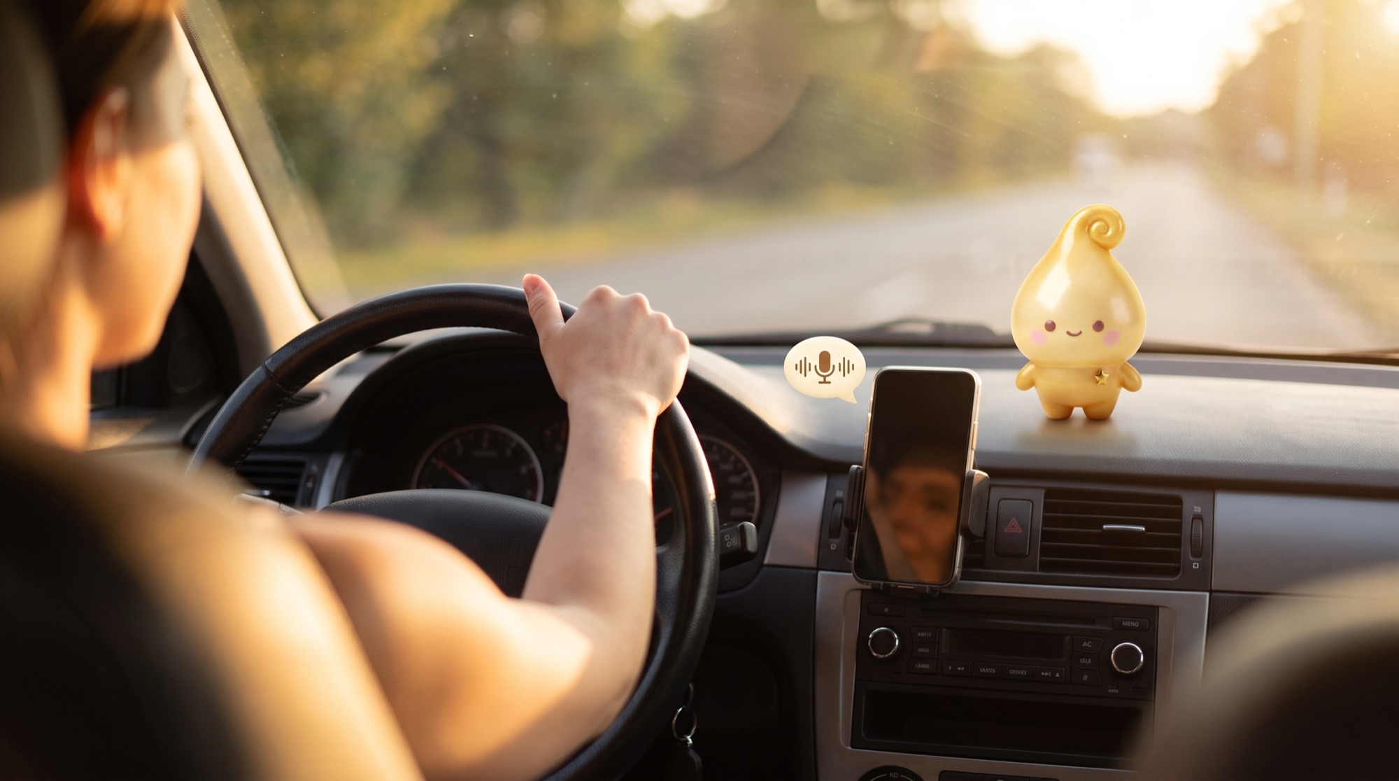 The gold Dew Crew character on a car dashboard beside a phone, illustrating hands-free use while driving.